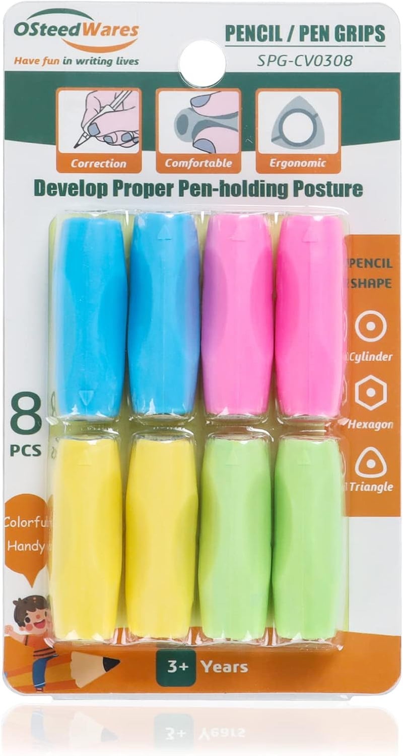 OSteed Ergonomic Pencil Grips Silicone 8 Pcs for Kids and Adults Handwriting, Gel Pen Grips with 3 Concaves, 1 Pack 4 Colors - Image 1